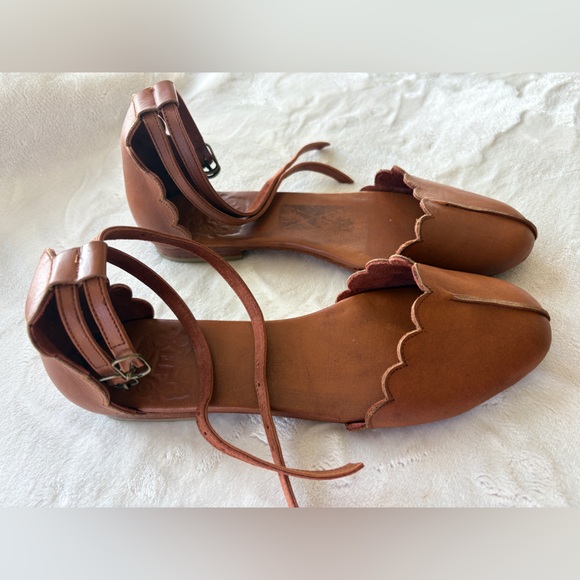 ELF Scalloped Tan Leather Flats. Double Ankle Strap. - Picture 2 of 16